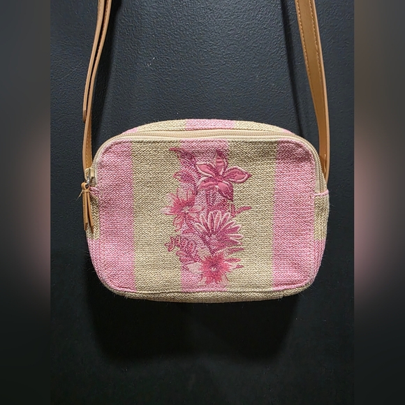 Vera Bradley Evie Crossbody Candy Pink Stripe Floral Morif Straw Handbag Purse - Picture 5 of 14